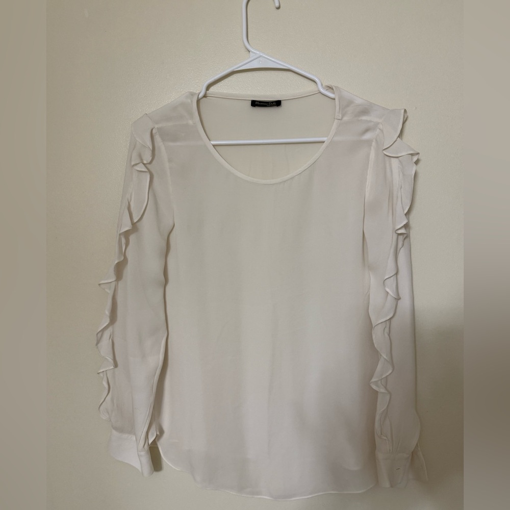 Massimo Dutti 100% silk White Ruffle Sleeve Blouse